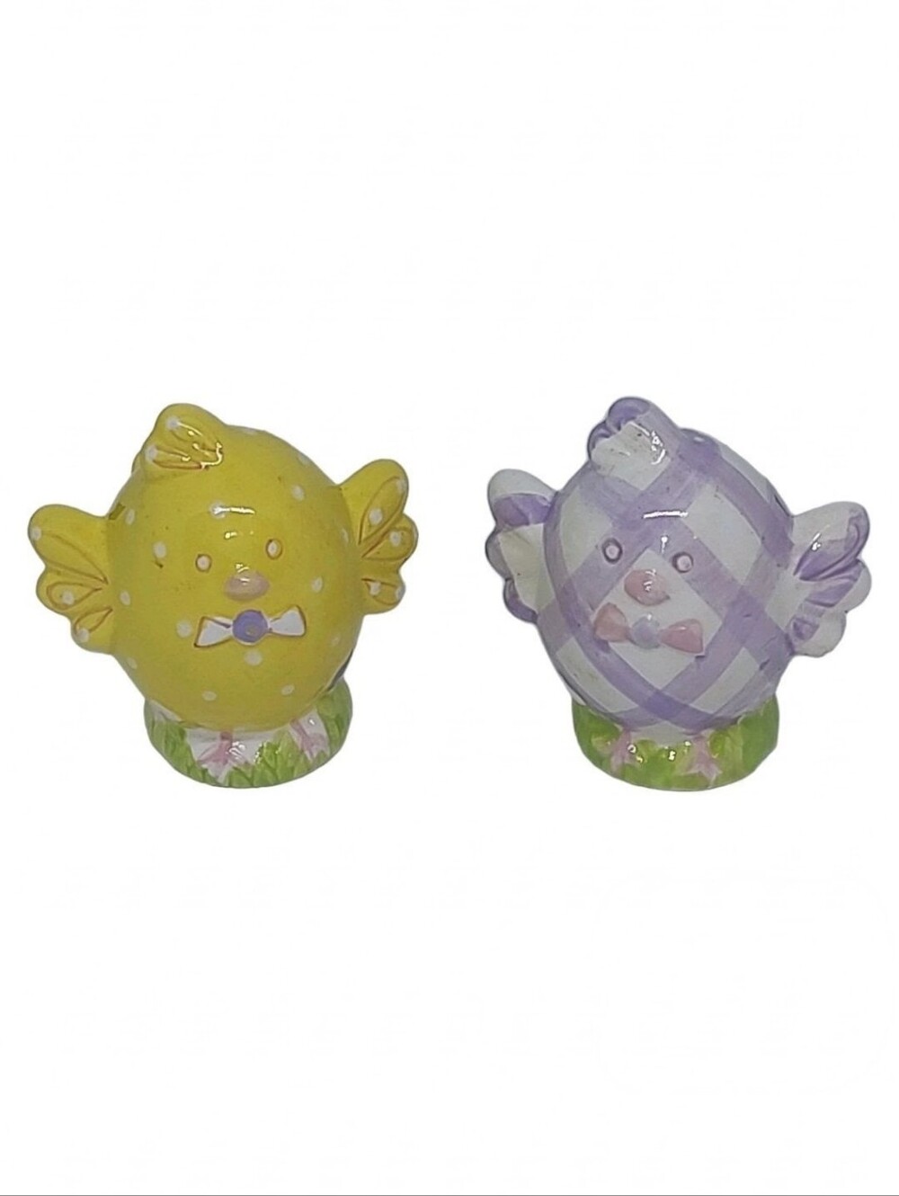 Easter Ceramic Salt and Pepper Shakers Set Yellow Polka Dot Purple Plaid Chicks